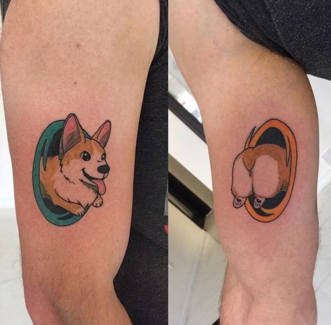 Silly Dog Tattoo, Fun Dog Tattoo, Corgi Tattoo Minimalist, Corgi Ears Tattoo, Paint Tattoos, Corgi Tattoo, Dog Tattoo Ideas, Fun Tattoos, Colorful Hairstyles