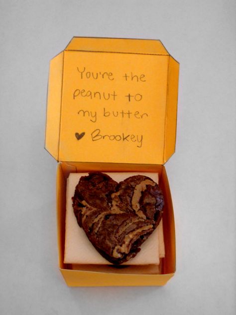 You're the peanut to my butter ♥ Homemade peanut butter brownies cut into hearts in a little homemade box.  DIY Boyfriend Gift - DIY - DIY Boyfriend Present- Boyfriend Gift - Puns - Peanut Butter - Brownies- Hearts - Homemade Peanut Butter Brownies, Baked Good Gifts, Gift Puns, Butter Homemade, Butter Brownies, Baked Good, Homemade Peanut Butter, Peanut Butter Brownies, Presents For Boyfriend