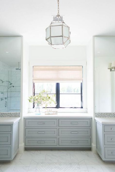 Suzanne Kasler Morris Lantern - Transitional - Bathroom Under Window Bathroom Storage, Bathroom Storage Under Window, Morris Lantern, Master Remodel, Light Gray Cabinets, Cheap Bathroom Remodel, Wash Room, Suzanne Kasler, Serene Bathroom