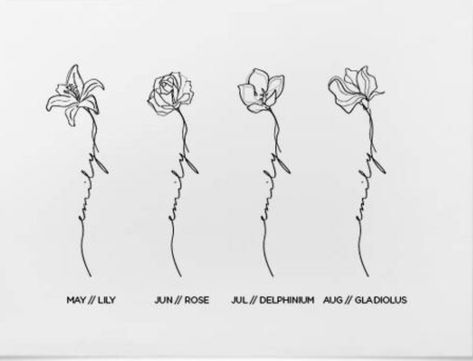 Single Line Birth Flower Tattoo, Birth Flower And Date Tattoo, Daffodil Name Tattoo, Gladiolus Tattoo With Name, Chrysanthemum Tattoo With Name, Simple Gladiolus Flower Tattoo, Poppy Tattoo With Name, August Birth Flower Tattoo With Name, Daffodil Tattoo With Name