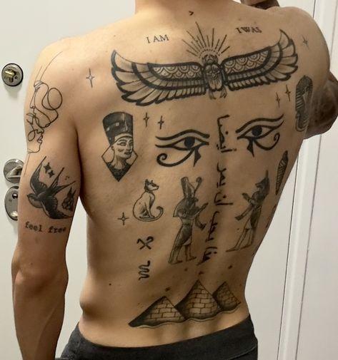 Egyptian Back Tattoo Men, Egyptian Back Tattoos, Egyptian Tattoo Men, Egyptian Back Tattoo, Tattoo Process, Occult Tattoo, Minimal Tattoo Design, Egypt Tattoo, Clever Tattoos