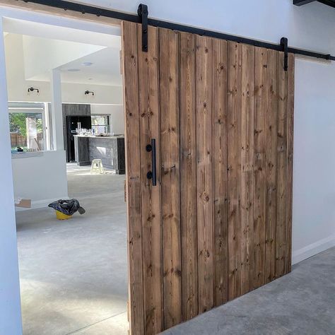 Sliding Door Wood Design, Sliding Door Hallway, Large Sliding Doors Interior, Barn Door Room Divider, Big Sliding Doors, Farmhouse Flip, Large Barn Door, Trim Cabinets, Reno House