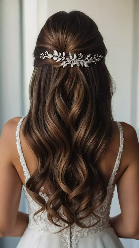 15 Effortlessly Chic Half Up Half Down Wedding Hairstyles 33 Wedding Hairstyles For Medium Long Hair, Cute Wedding Hair Styles, Hairstyles Half Up And Half Down, Maid Of Honor Wedding Hair, Wedding Hair Pins Half Up, Bridal Hair Cathedral Veil, Wedding Brides Hair, Haïr Style Bride Wedding, Simple Wedding Hairstyles Half Up Half Down