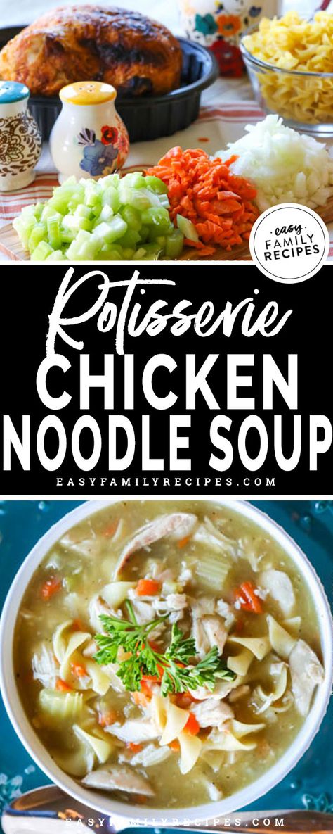 HUBBY'S FAVORITE SOUP! This really is the BEST Chicken Noodle Soup in the world! It is made with a whole rotisserie chicken for tons of flavor and is packed with veggies. This chicken noodle soup is fast to make because it uses precooked chicken but the flavor is better than any other out there. This recipe is on regular rotation especially when someone has the flu or a cold! Chicken Soup Recipes With Rotisserie, Rotisserie Chicken Noodle Soup Crockpot, Slow Cooker Rotisserie Chicken Soup, Easy Rotisserie Chicken Soup Recipes, Rotisserie Chicken Noodle Soup Recipes, Chicken Soup Rotisserie, Chicken Noodle Soup Rotisserie, Omnivore Recipes, Rotisserie Chicken Noodle Soup