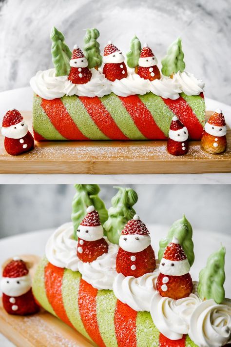 Strawberry Santa, Strawberry Santas, Christmas Strawberry, Yule Log Cake, Christmas Gift Hampers, Swiss Roll Cake, Cake Roll Recipes, Christmas Desserts Easy, Red Cake