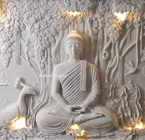 Buddha Mural Art, Hall Wall Decor, Cladding Texture, 3d Wall Art Sculpture, Buddha Wall Decor, Luxury Ceiling Design, Floral Art Arrangements, Tv Wall Cabinets, Mural Art Design