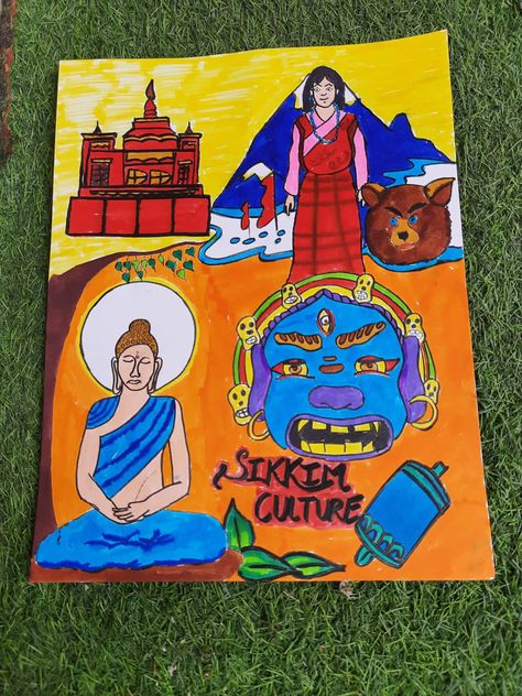 How to make beautiful poster on sikkim culture for school project. Project On Sikkim, Sikkim Project Ideas, Sikkim Culture Art, Sikkim Drawing, Culture Of Sikkim Drawing, Sikkim Culture, Art Integrated Project, Poster Drawing Ideas, Don't Know What To Draw