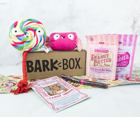 BarkBox is a monthly subscription that delivers treats and toys for dogs. See the February 2019 box review + coupon! The theme is Candy Shoppe!   Barkbox February 2019 Subscription Box Review + Coupon - Large Dog →  https://hellosubscription.com/2019/02/barkbox-february-2019-subscription-box-review-coupon-large-dog/ #BarkBox  #subscriptionbox Doggy Treats, Toys For Dogs, Pet Things, Dog Box, Activity Box, Pet Blog, Boxer Puppy, Puppy Stuff, Cute Themes