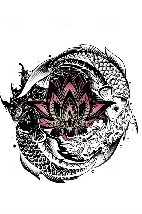 Spiritual Fish Tattoo, One Piece Shoulder Tattoo, Lotus Fish Tattoo, Koi And Lotus Tattoo Design, Lotus Pond Tattoo, Fish Yin And Yang Tattoo, Koi Fish Lotus Tattoo, Fish And Lotus Tattoo, Lotus Flower Cover Up Tattoo