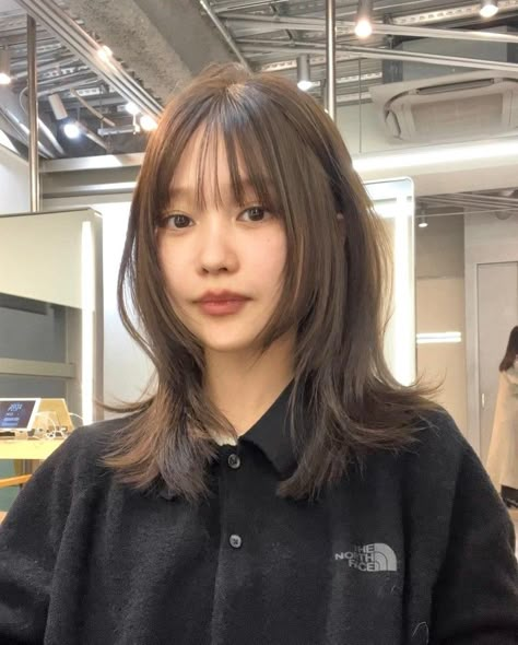 90s Wispy Bangs Long Hair, Medium Length Hair Bangs Straight, Hush Cut Short Hair With Bangs, Straight Layered Hair Medium, Korean Haircut Layers, Layered Mid Length Haircut, French Layered Haircut, Asian Medium Length Hair With Layers, Japanese Layered Haircut