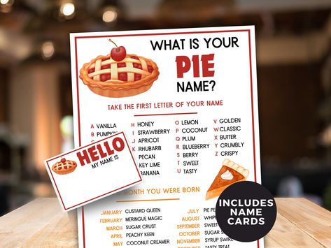 What's your Pie Name Game, Printable Fall Party Game, Autumn Birthday Party Fun game, Thanksgiving Pie Game, Pie Holiday Party Pie Exchange Party, What’s Your Name, Autumn Birthday Party, Game Pie, Pie Game, Fall Party Games, Coconut Creamer, Autumn Birthday, Thanksgiving 2022