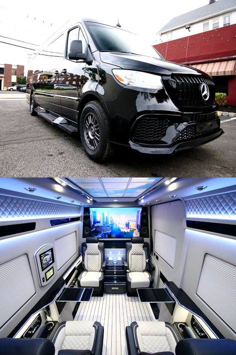 Experience the epitome of elegance with our VIP Edition Mercedes-Benz Sprinter van conversion. This luxurious ride boasts a stunning black piano finish and an industry-exclusive video ceiling. Immerse yourself in entertainment with two Smart LED TVs and a top-notch audiophile surround sound system. The features continue with a custom bar, multifunction controls, mood lighting, electric window shades, motorized tables, and an exquisite interior and exterior design. Mercedes Benz Van Luxury, Mercedes Benz Sprinter Van, Luxury Sprinter Van, Benz Sprinter Luxury, Mercedes Sprinter Klassen, Mercedes Sprinter Vip King Van, Mercedes Van, Eight Passengers, Custom Wheels And Tires