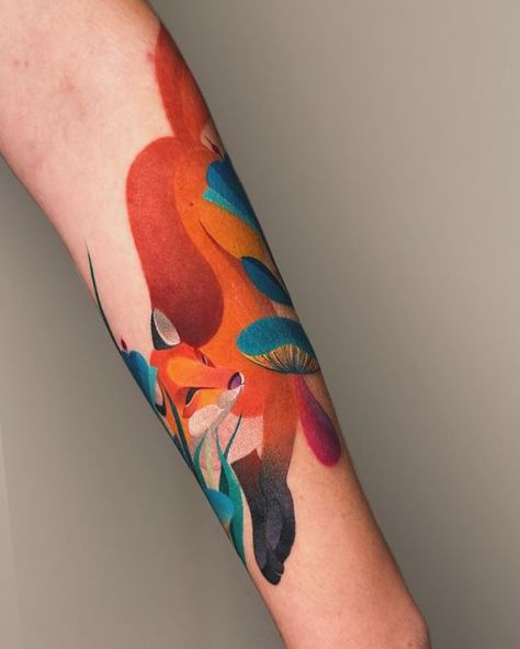 Fox Mushroom Tattoo, Fox Arm Tattoo, Fox Forearm Tattoo Women, Fox Forearm Tattoo, Fox And Butterfly Tattoo, Mushroom Tattoos, Line Tattoos, Color Tattoo, Tattoo Studio