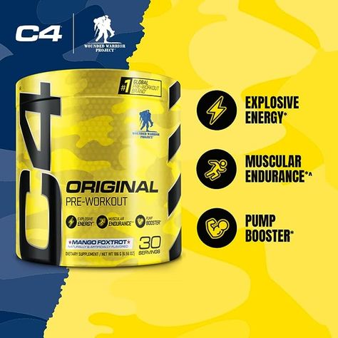 C4 Original Pre Workout Powder Mango Foxtrot Sugar Free Preworkout Energy for Men & Women 150mg Caffeine + Beta Alanine + Creatine - 30 Servings (Packaging May Vary) Pre Workout Powder, Wounded Warrior Project, Muscular Endurance, Beta Alanine, Pre Workout Supplement, Wounded Warrior, Energy Projects, Foxtrot, Workout Supplements