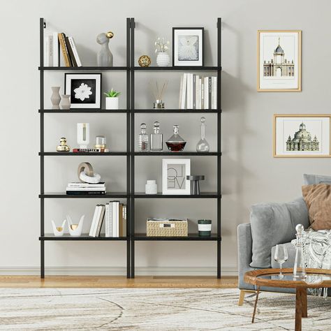 Lacoo Industrial Ladder Shelf, 5-Tier Wood Wall-Mounted Bookcase with Stable Metal Frame, 72 Inches Storage Rack Shelves Display Plant Flower, Stand Bookshelf for Home Office - Black/Black - Walmart.com Black Ladder Shelf, Standing Bookshelves, Minimalist Bookshelves, Standing Bookshelf, Metal Ladder, Rack Shelves, Shelves Display, Bookcase Decor, Tall Bookcases