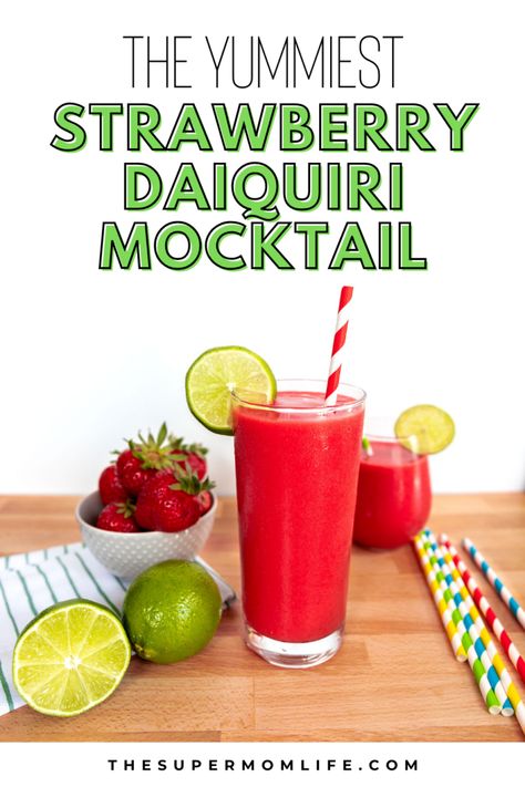 This is a frozen, sweet, and fruity drink that the whole family can enjoy! It's the yummiest non-alcoholic strawberry daiquiri ever. Mock Cocktails, July Cocktails, Frozen Strawberry Daiquiri, Non Alcoholic Punch, Drinks Ideas, Creative Cocktails, Strawberry Drinks, Moringa Powder, Bbq Ideas