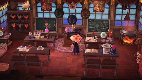 I made a Hogwarts classroom. I love this so much. #hogwarts #harrypotter #acnh #acnhinspo Acnh Classroom Design, Hogwarts Animal Crossing, Spookycore Acnh, Acnh Classroom, Witch Classroom, Acnh Hogwarts, Acnh School, Acnh 2023, Hogwarts Classroom