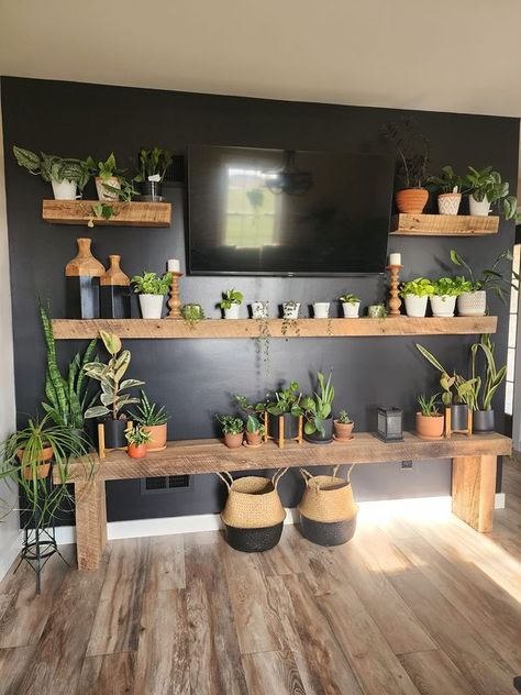 Plants On Black Wall, Black Wall With Plants, Living Room Plant Decor, House Plant Display, Room Plant Decor, Living Room Plants Decor, Black Feature Wall, Future Living Room, Earthy Vibes