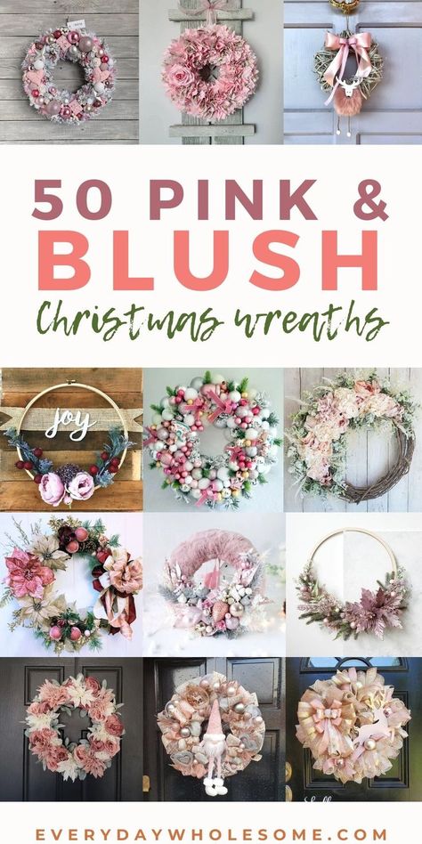 Front Door Christmas Decor Ideas, Holiday Front Porch, Blush Christmas, Champagne Christmas, Pink Christmas Wreath, Shabby Chic Wreath, Front Door Christmas Decorations, Christmas Wreaths Diy Easy, Pink Wreath