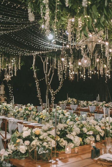 WedLuxe Magazine The Ultimate Celestial Wedding in Bali Celestial Themed Wedding, 18th Debut, Celestial Wedding Theme, Floral Ceiling, Wedding In Bali, Night Wedding Decor, Celestial Theme, Starry Night Wedding, Henna Party