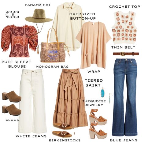 Summer Capsule Wardrobe | 7 Closet Essentials On-Trend Every Woman Can Wear - Closet Choreography Bohemian Capsule Wardrobe Boho Chic, Boho Wardrobe Essentials, Boho Capsule Wardrobe 2023, Boho Chic Capsule Wardrobe, Hippie Capsule Wardrobe, Minimal Boho Fashion, Closet Essentials For Women, Western Capsule Wardrobe, Midsize Wardrobe