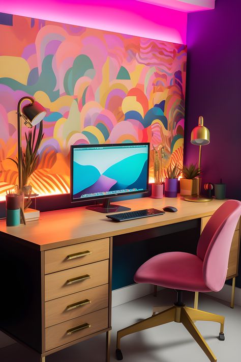 Artistic colorful girly desk setup Colourful Office Desks, Home Office Pop Of Color, Playful Home Office, Desk Setup Colorful, Colorful Desk Ideas, Neon Workspace, Graphic Designer Desk Setup, Colorful Desk Setup, Home Office Colorful