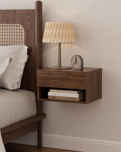 PRICES MAY VARY. Modern Convenient Design: Aienvey floating nightstand is a space saving modern piece with both closed and open storage. Get ready to take your bedroom's convenience level up a notch with this wall mount nightstand. The light and simple lines of the walnut nightstand with its neutral and natural tones makes it a perfect element to blend well with any furniture. Walnut nightstand is the ideal companion for your modern bedroom. Storage Space Saving: The hanging design gives you the Wall Mount Nightstand, Floating Night Stand, Hanging Nightstand, Art Bedroom Ideas, Modern Floating Nightstand, Classy Bedroom Decor, Shelves For Bedroom, Nightstand Design, Floating Bedside Table