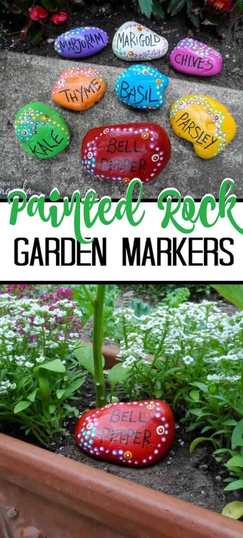 These beautiful rock garden markers have been painted with special outdoor paint. They look beautiful in the garden - get the instructions to make your own! #rockpainting #paintedrocks #garden #gardenmarkers #herbs #gardening #gardendecor #spring #summercrafts Rocks In The Garden, Painted Rock Garden, Herb Garden Design, Meteor Garden 2018, Garden Markers, Outdoor Paint, Plant Markers, Paint Rock, Look Beautiful