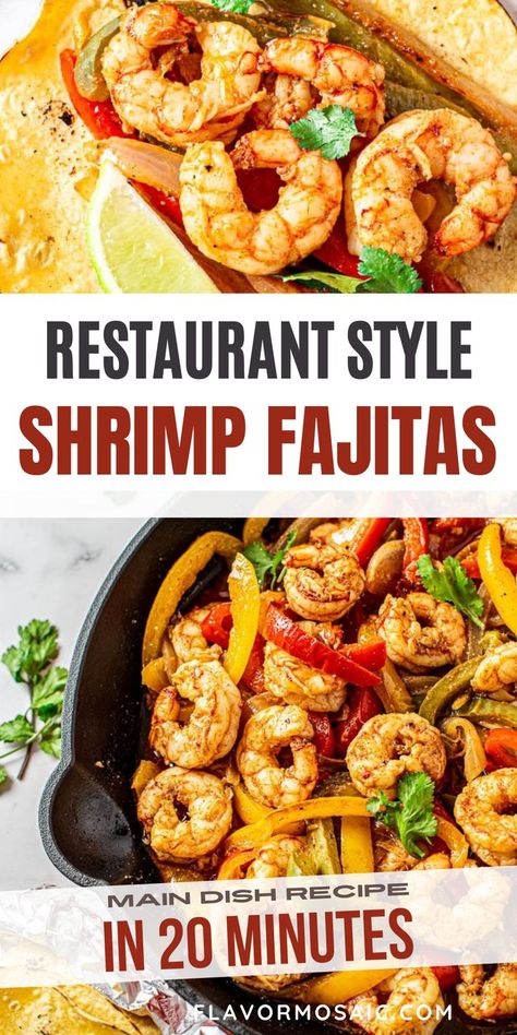 Restaurant Style Shrimp Fajitas. Tender marinated shrimp with sautéed peppers and onions is nothing short of mouth-watering! When wrapped in a fresh tortilla with your favorite toppings, you have a delicious dinner! If you’re in the mood for a restaurant-quality Mexican dish then you can’t get better than shrimp fajita! Shrimp Fajita Recipe, Shrimp Burrito, Mexican Shrimp Recipes, Takeout Recipes, Mexican Seafood, Mexican Shrimp, Shrimp Fajitas, Mexican Recipe, Marinated Shrimp