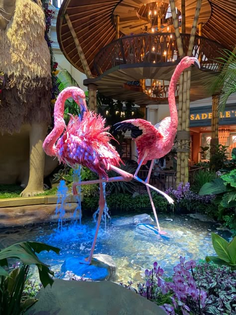 Tropical Miami Decor, Unique Event Decor, Bellagio Conservatory, Pallet Backdrop, Styrofoam Art, Las Vagas, Jungle Theme Parties, K Crafts, Flamingo Theme