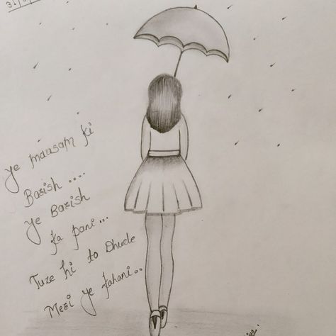 Easy and simple sketch of girl in rain with umbrella.. Girl Holding Umbrella Drawing Reference, Girl Holding Umbrella Drawing, Umbrella Drawing Reference, Under Umbrella Drawing, Rainy Day Sketch, Girl Holding Umbrella, Umbrella In Rain, Rain Drawing, Girls Sketch