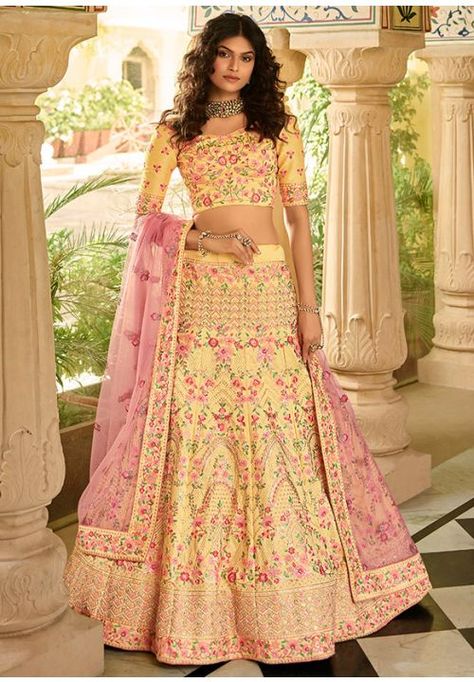 Pastel Yellow Art Silk Designer Lehenga Choli Season Art, Blouse Lehenga, Designer Bridal Lehenga Choli, Side Border, Yellow Lehenga, Party Wear Lehenga Choli, Designer Bridal Lehenga, Lehenga Wedding, Lehenga Online