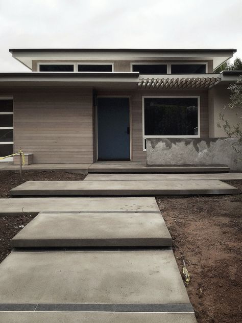 Poured Concrete Walkways To Front Door, Walkways Ideas, Floating Steps, Concrete Porch Steps, Basalt Tile, Garden Walkways, Tiles Designs, Exterior Wall Tiles, Modern Front Yard