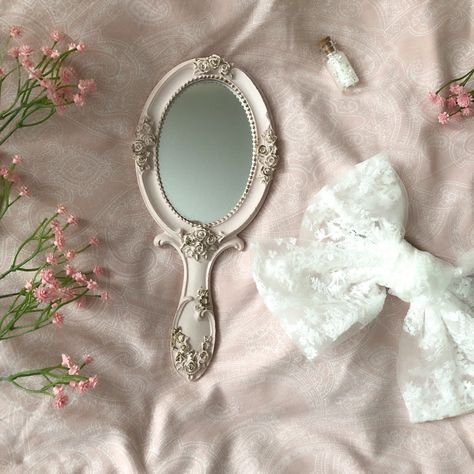 Hand mirror, white bows, coquette, coquette inspiration, coquette bows Hand Mirror Aesthetic, Coquette Mirror, Bujo Themes, Coquette White, Bows Coquette, Coquette Bows, Future Room, Coquette Fairy, Hand Mirror