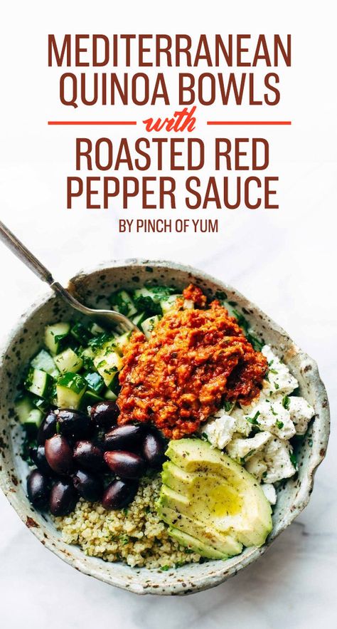 Mediterranean Quinoa, Quinoa Bowls, Pinch Of Yum, Roasted Red Pepper Sauce, Red Pepper Sauce, Quinoa Bowl, Dinner This Week, Roasted Red Pepper, Mediterranean Diet Recipes