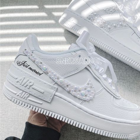 Laces Are Sold Separately Brand New With Box Pearls And Swarovski Crystal Nike Air Force 1 Wedding, Air Force 1 Wedding, Wedding Nikes, Sequin Sneakers, Wedding Shoes Sneakers, Swarovski Nike, Custom Nike Air Force 1, Bedazzled Shoes, Custom Nike Air Force