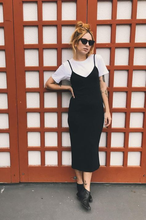 Spaghetti Strap With Shirt Under, Dress Over Long Sleeve Shirt, Spaghetti Strap Dress With Shirt Under, Tshirt Under Dress, Strap Dress With Shirt Under, Dress Over Long Sleeve, Amber Outfit, Black One Piece Dress, Cami Dress Outfit