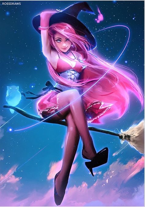 Art made by rossdraws on artstation Ross Tran, A Witch, The Night Sky, Pink Hair, Night Sky, A Girl, Witch, Hair, Pink