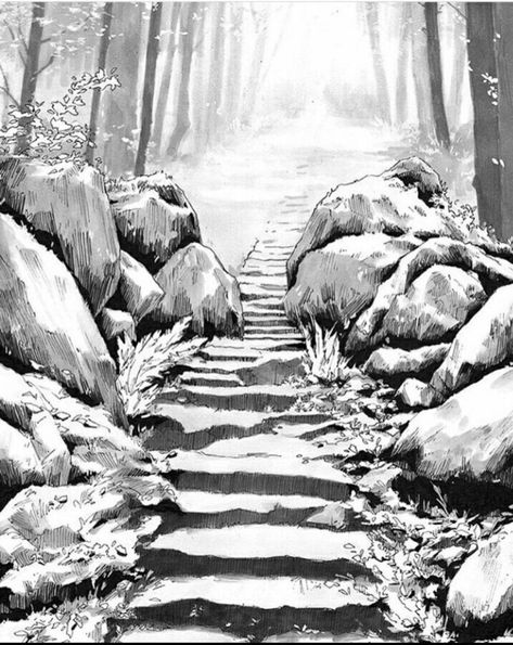 Djamila Knopf, Path Drawing, Waterfall Drawing, Pencil Sketches Landscape, Ink Drawing Techniques, Landscape Pencil Drawings, Drawing Scenery, Forest Drawing, Pencil Drawings For Beginners