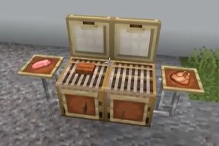 A bbq grill using picture frames vertical and horizontal Minecraft Bbq Ideas, Minecraft Barbecue, Minecraft Pizza Oven, Minecraft House Kitchen, Minecraft Bbq Grill, Outdoor Kitchen Minecraft, Outdoor Builds Minecraft, Oven Minecraft, Bbq Minecraft