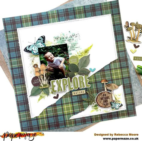 Explore - 12x12 Scrapbook Layout - 49 and Market Vintage Artistry Nature Study - Project Idea - Scrapbook.com Nature Scrapbook Layouts, 49 And Market Vintage Artistry, Outdoors Scrapbook Layouts, Masculine Scrapbook, Nature Scrapbook, Camping Scrapbook, Boy Scrapbook Layouts, 49 And Market, Scrapbook Design Layout