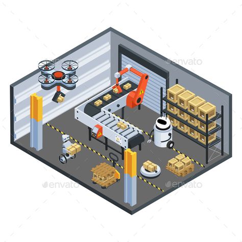 Scifi Sketch, Isometric Background, Robotic Arm, Data Visualization Design, Technology Art, Box Building, Concept Shop, Isometric Illustration, Conveyor Belt