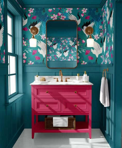 Pink Bathroom Vanity, Maximalism Home, Hot Pink Bathroom, Amanda West, Teal Bathroom, Wallpaper Love, Eclectic Bathroom, Interior Design Per La Casa, Interior Textiles