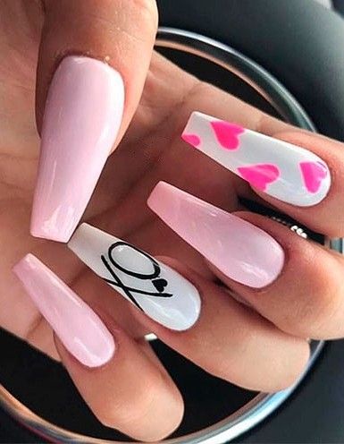 Valentine Nails Valentine Nails Pink, White Coffin Nails, Baby Pink Nails, Purple Acrylic Nails, Red Acrylic Nails, Long Acrylic Nail Designs, Art Design Ideas, Trendy Nail Art Designs, Nail Designs Valentines