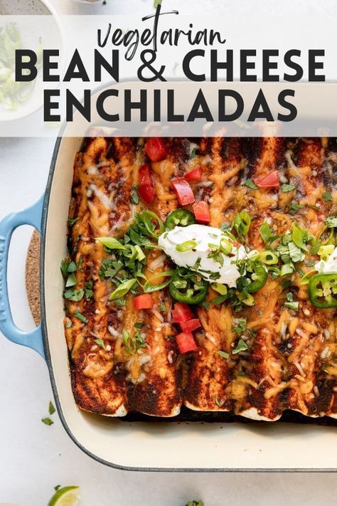 Indulge in the deliciousness of our Vegetarian Enchiladas made with refried and black beans and cheese! These enchiladas are bursting with flavor and are a perfect meat-free option. The combination of creamy refried beans, hearty black beans, and gooey melted cheese creates a mouthwatering filling. Baked to perfection and topped with tangy salsa and fresh cilantro, these enchiladas are a crowd-pleaser that will satisfy the entire family! Jackfruit Vegan Recipes, Bean And Cheese Enchiladas, Beans And Cheese, Refried Bean, Vegetarian Enchiladas, Black Bean Enchiladas, Red Enchiladas, Bean Enchiladas, Meatless Monday Recipes