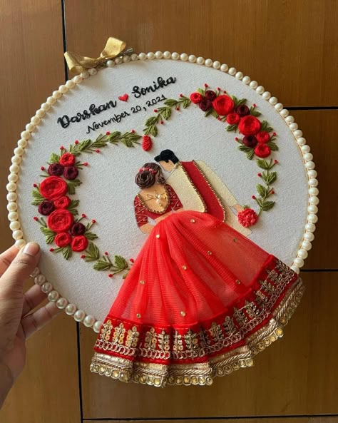 Make your day extra special with these handcrafted embroidered wedding hoops❤️❤️💖 Dm to book your order now 💌💌💌 . . . #embroideryhoop Embroidery Loop For Wedding, Wedding Hoop Decorations, Wedding Hoop Embroidery Pattern, Thread Art On Paper, Hoop Art Patterns, Wedding Gift Painting, Wedding Gifts Painting, Embroidery Hoop Designs, Loop Embroidery