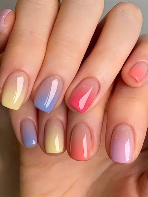 Cute Short Colorful Nails, Nail Art Full Color, Nails Degrade Colores, Nail Art Degrade, Manicure Degrade, Full Color Nails, Degrade Nails, Nails For Beach, Subtle Pride Nails