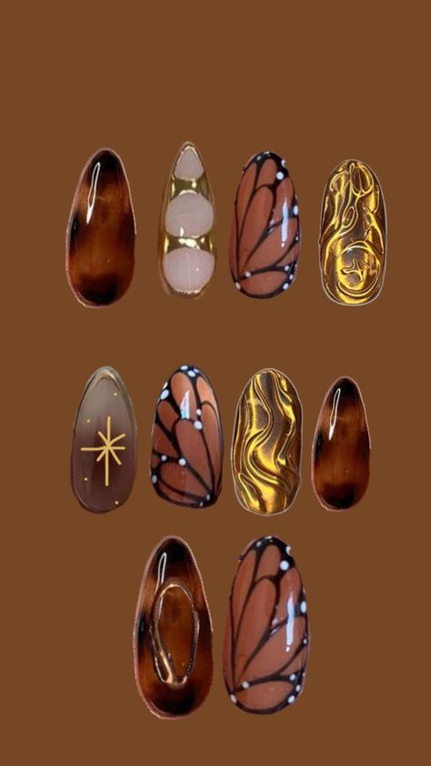 Cut outs of nails with tortoise shell print, butterfly wing, and gold designs Nails For Fall Autumn, Brown And Gold Nails, Autumn Butterfly, Nails For Fall, Butterfly Nail Designs, Fake Nails Designs, Butterfly Nails, Punk Nails, Nail Drawing