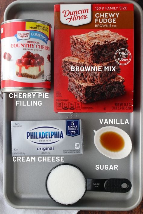 Brownie Cherry Cheesecake, Cherry Cheesecake Brownies Easy, Cherry Pie Brownies, Brownies And Cherry Pie Filling, Brownie Recipes With Boxed Brownies, Recipes With Canned Cherries, Boxed Brownie Mix Recipes Ideas, Desserts Made With Brownie Mix Boxes, Cherry Brownies From Box Recipes