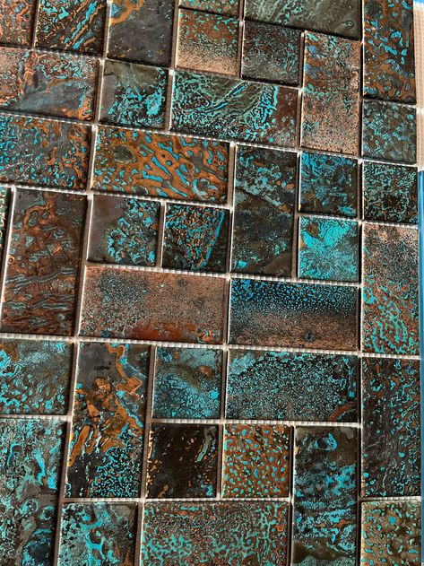 Teal Glass Tile Bathroom, Copper And Teal Kitchen, Copper Fireplace Surround, Bronze Backsplash Kitchen, Teal Backsplash Kitchen, Turquoise Backsplash Kitchen, Copper Countertops Kitchen, Bar Feature Wall, Blue Kitchen Tile Backsplash